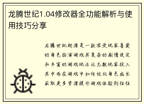 龙腾世纪1.04修改器全功能解析与使用技巧分享